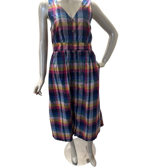 J Crew Colorful Plaid Button-Up Sleeveless V-neck Dress Pockets & Elastic Waist - Picture 1 of 8